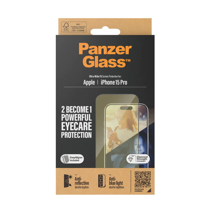 PanzerGlass Eyecare Tempered Glass Ultra Wide Fit with easyaligner for iPhone 15
