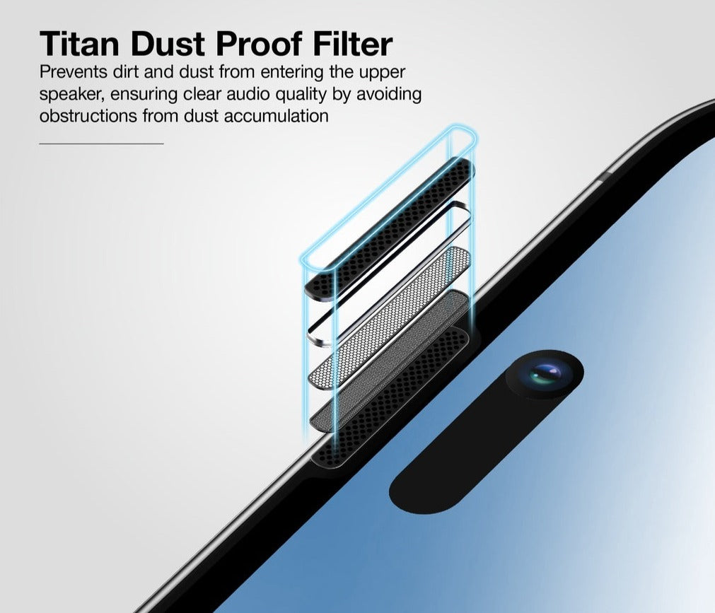 AmazingThing Fully Covered Dust Filter Titan Glass for iPhone 15