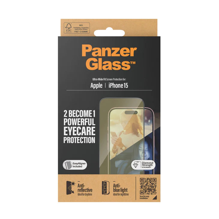 PanzerGlass Eyecare Tempered Glass Ultra Wide Fit with easyaligner for iPhone 15