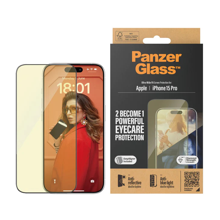 PanzerGlass Eyecare Tempered Glass Ultra Wide Fit with easyaligner for iPhone 15