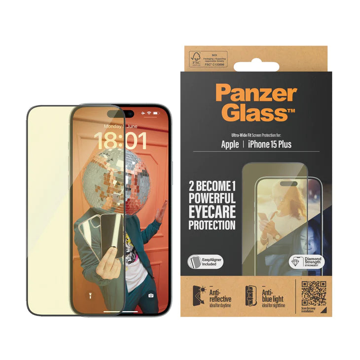 PanzerGlass Eyecare Tempered Glass Ultra Wide Fit with easyaligner for iPhone 15