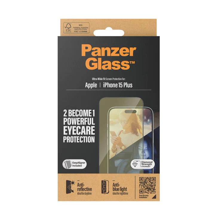 PanzerGlass Eyecare Tempered Glass Ultra Wide Fit with easyaligner for iPhone 15