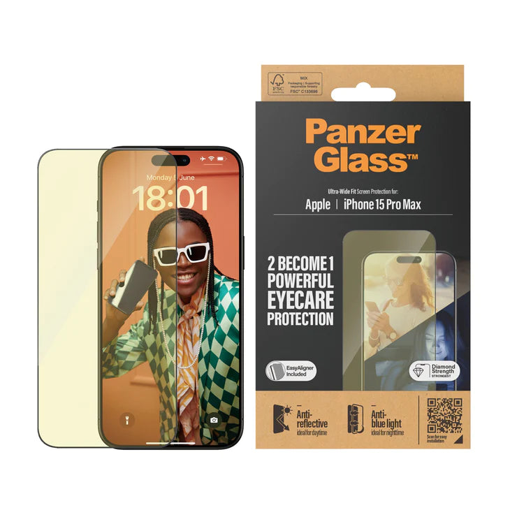 PanzerGlass Eyecare Tempered Glass Ultra Wide Fit with easyaligner for iPhone 15