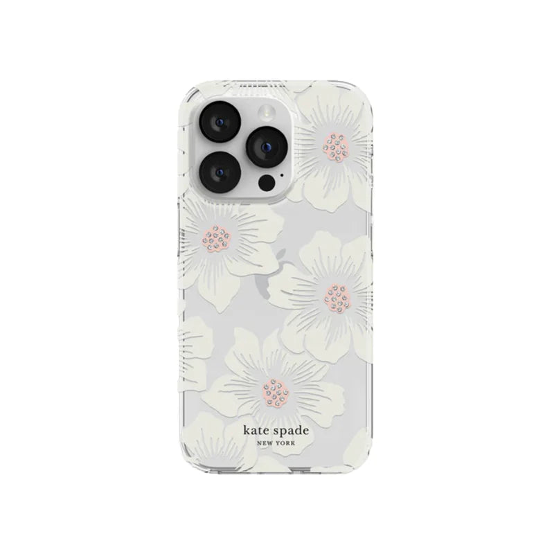 Kate Spade Protective Hardshell for iPhone15 Series Hollyhock Cream/Blush/Translucent wht/Glitter Flower/Black Logo