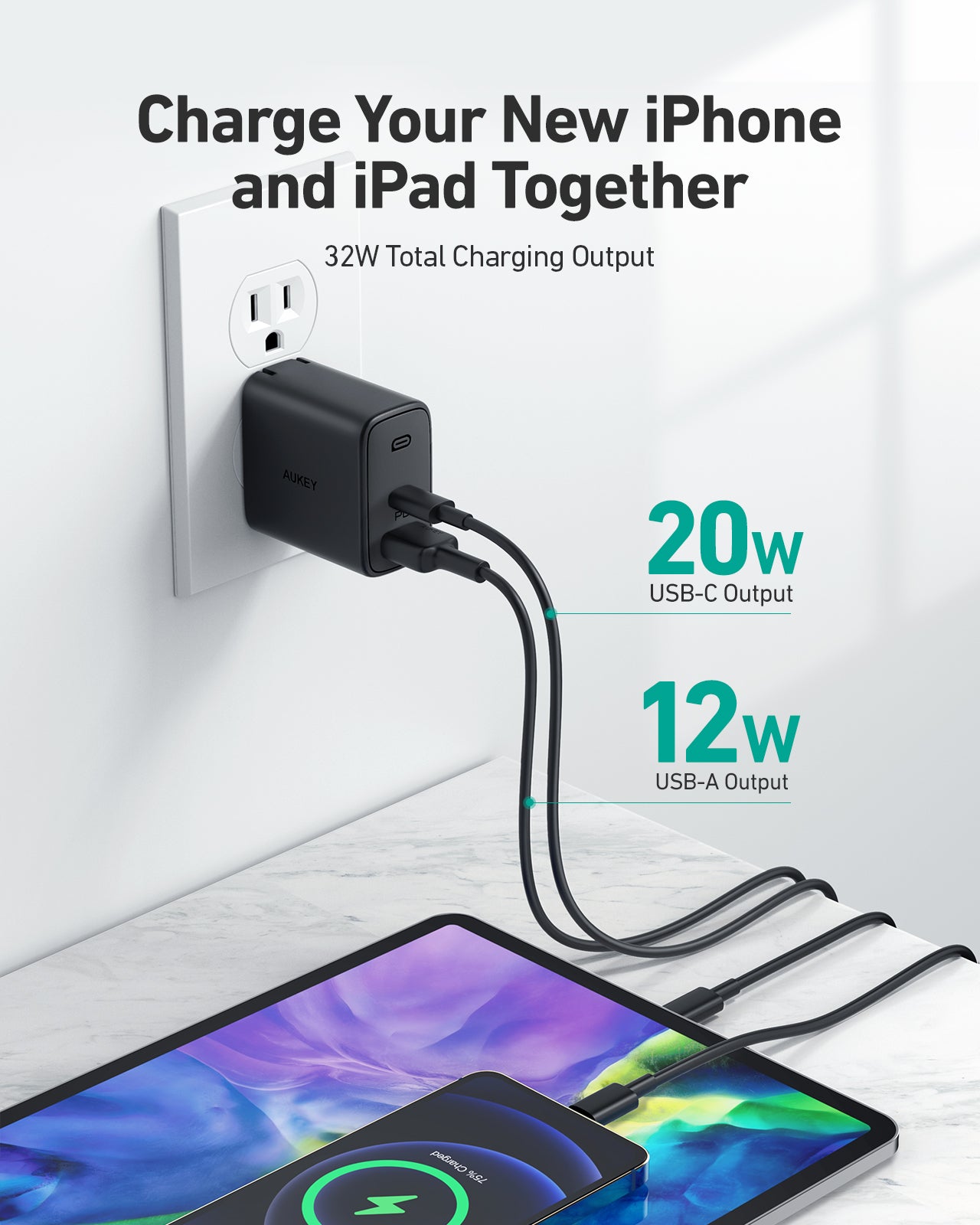 Aukey Swift 32W 2-Port Fast Charger USB C Wall Charger with Foldable Plug