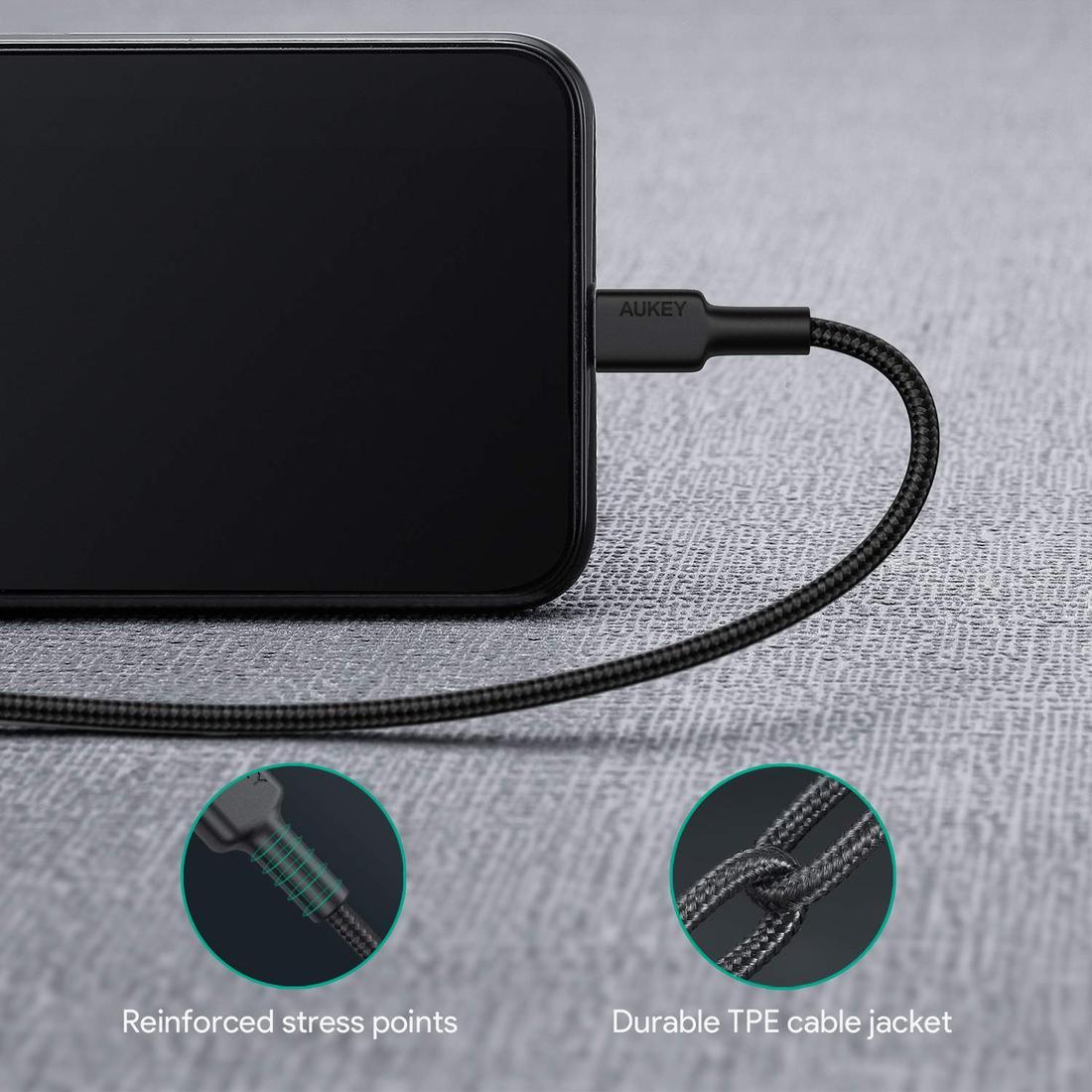 Aukey Nylon Braided USB-C to Lightning 1.2 Meter Black