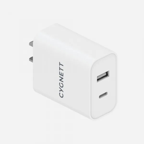 Cygnett PowerPlus 38W Dual Port Wall Charger (20W USB-C + 18W USB-A) - White