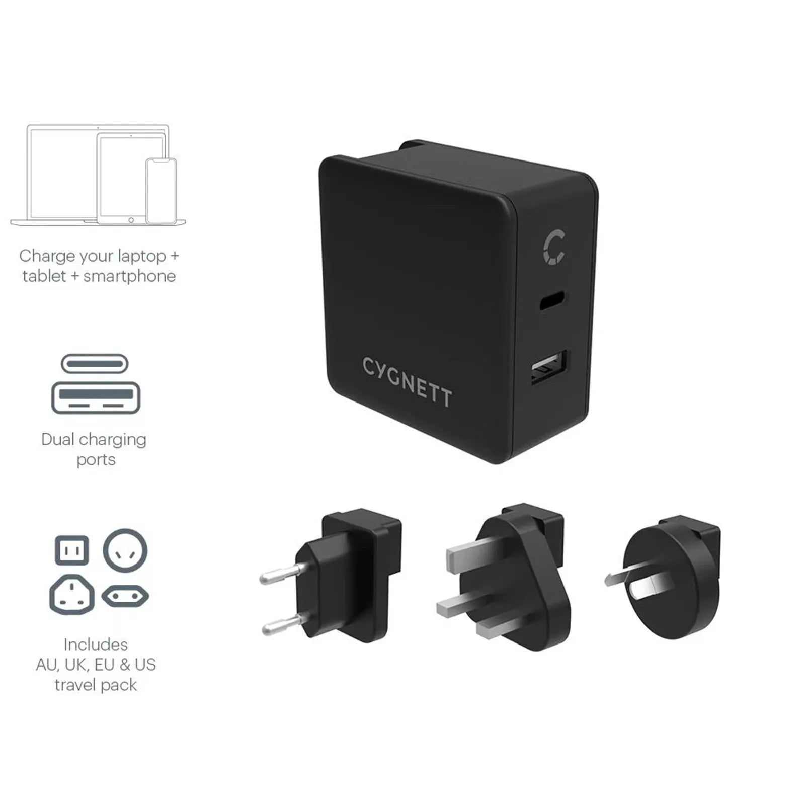 Cygnett 57W Wall Charger USB-C + USB-A & Travel Adapters